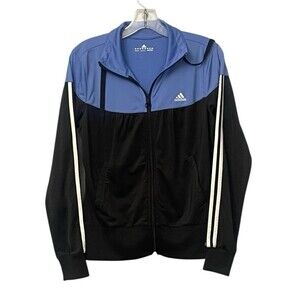 Adidas Track Jacket Women's M Polyester Full Zip Long Sleeve Blue Black Sports